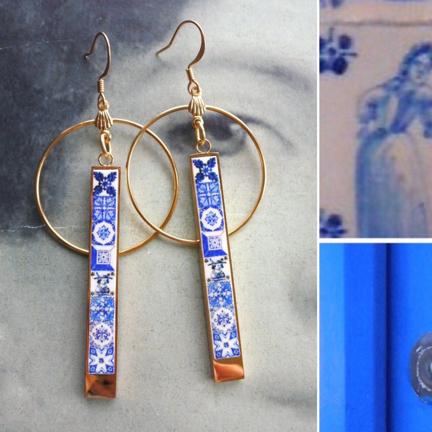 Atrio Circle Bar Matchstick Earrings Blue and White Tiles Portugal Antique Azulejo Minimal Stainless Steel Reversible 2 Options