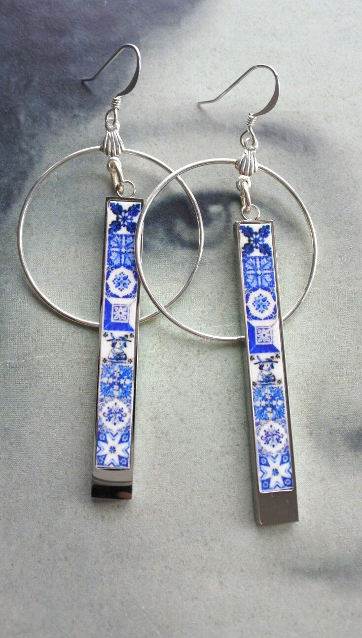 Atrio Circle Bar Matchstick Earrings Blue and White Tiles Portugal Antique Azulejo Minimal Stainless Steel Reversible 2 Options