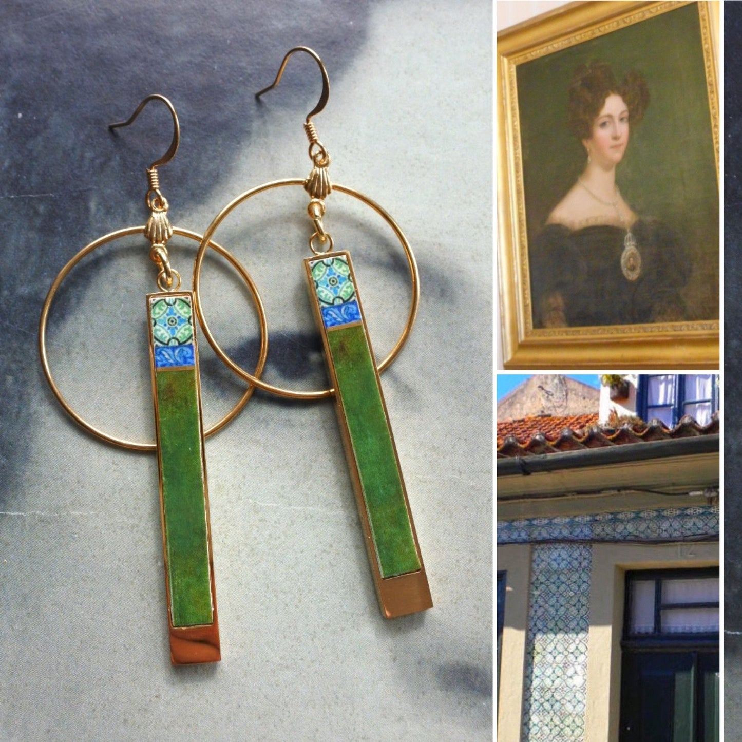 Atrio Circle Bar Earrings Bar Portugal Tiles Ilhavo Emerald Green Oil Painting of Princess Palace of Queluz Empress of Brazil 2 Options