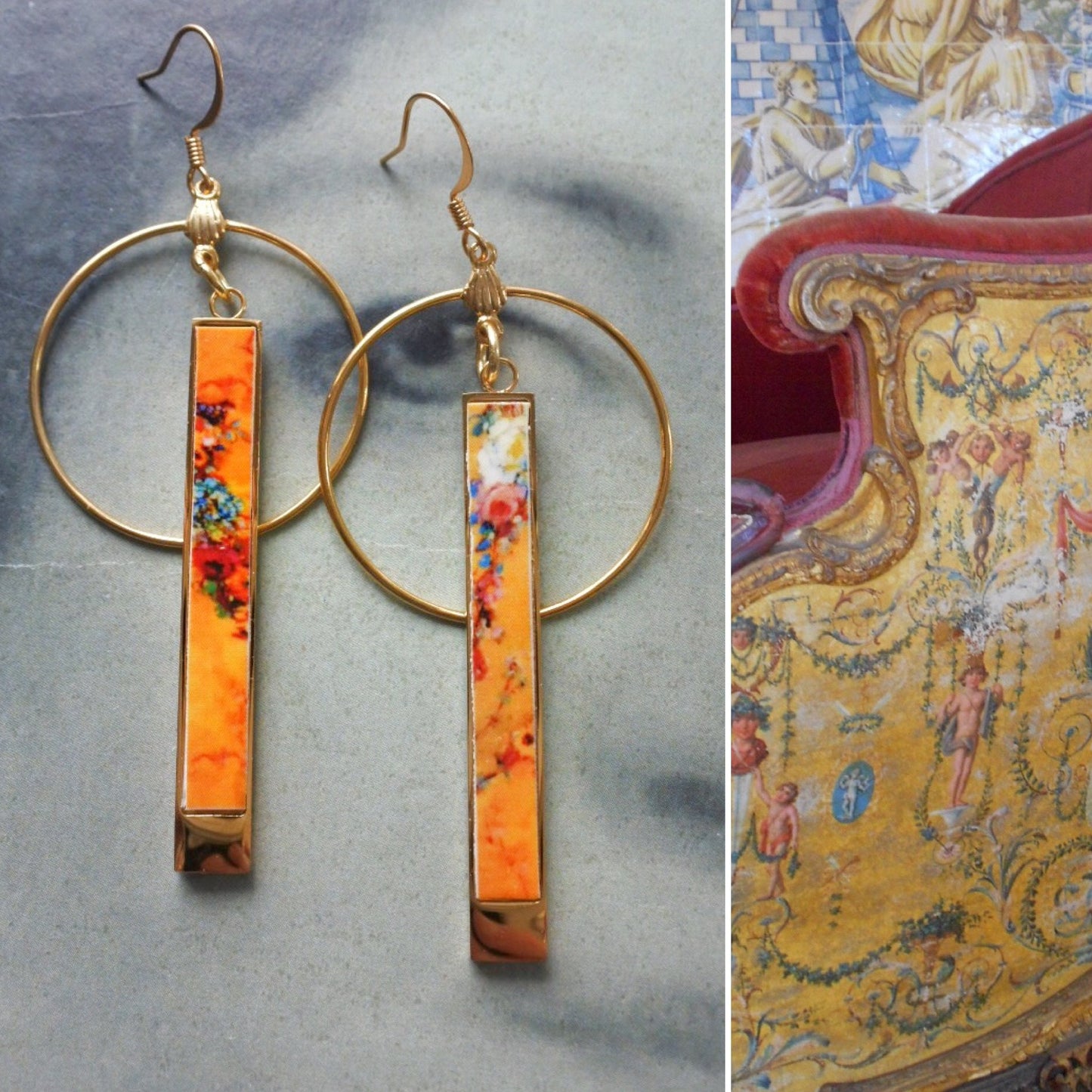 Atrio Earrings Matchstick Circle Bar Frescoes DONA MARIA Queen of Portugal - Palace of Queluz,  Versailles Renaissance Tuscan 2 Options