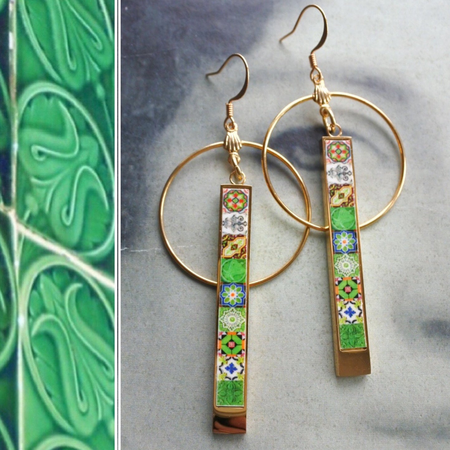 Green Earrings Bar Tile Circle Bar Matchstick Atrio Portugal Azulejo Antique Reversible Stainless Steel Lightweight Ships from USA 2 Options