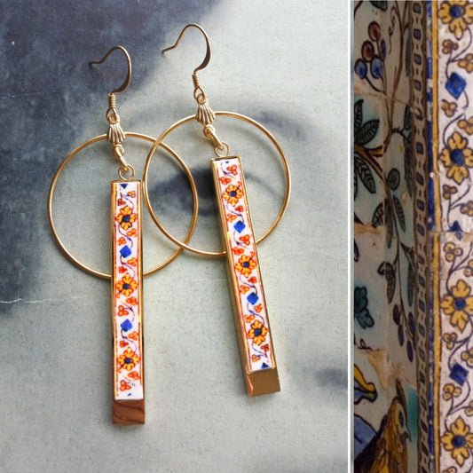 Circle Bar Earrings Atrio Tile Matchstick Portugal Stainless Steel  Azulejo REVERSIBLE Palace of the Marquesses of Fronteira  2 options