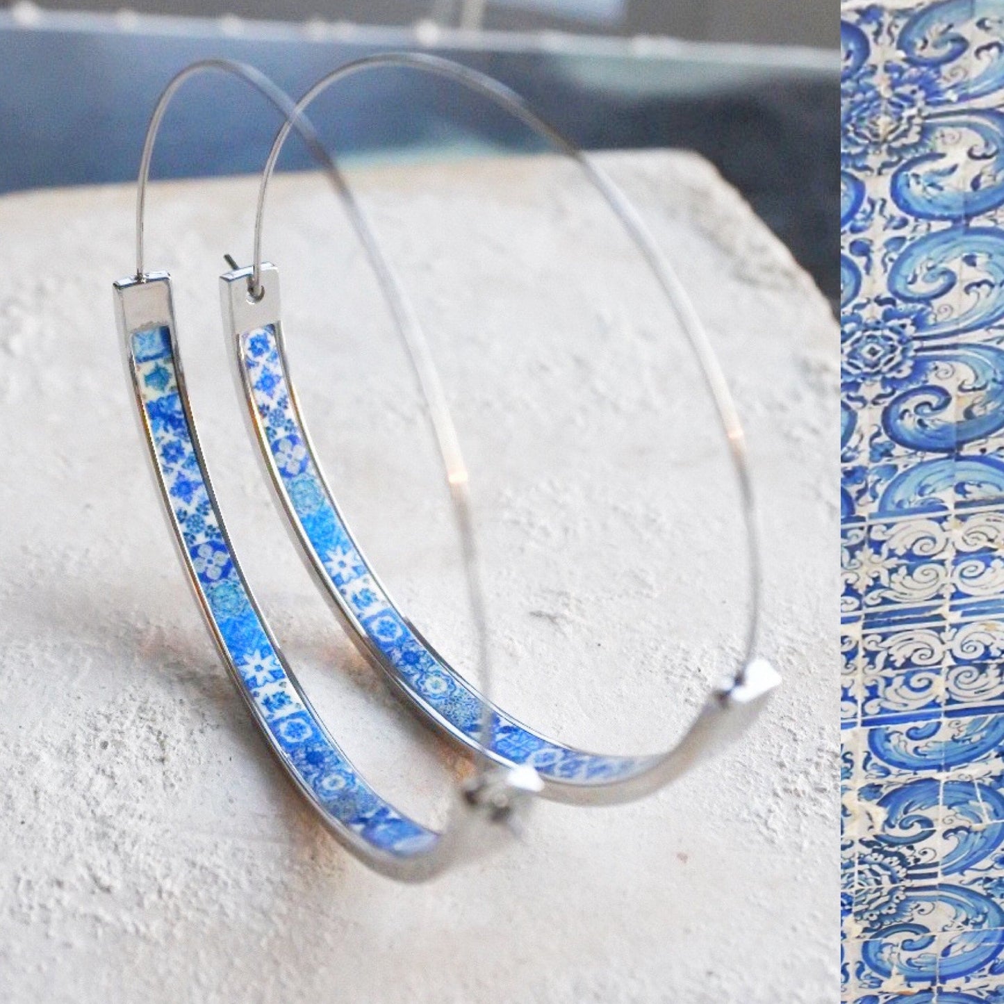 Hoops Atrio Earrings Blue Tile Portugal Azulejo STAINLESS STEEL Wire Flat Bottom Lightweight 2" Silver Tone Ships from USA