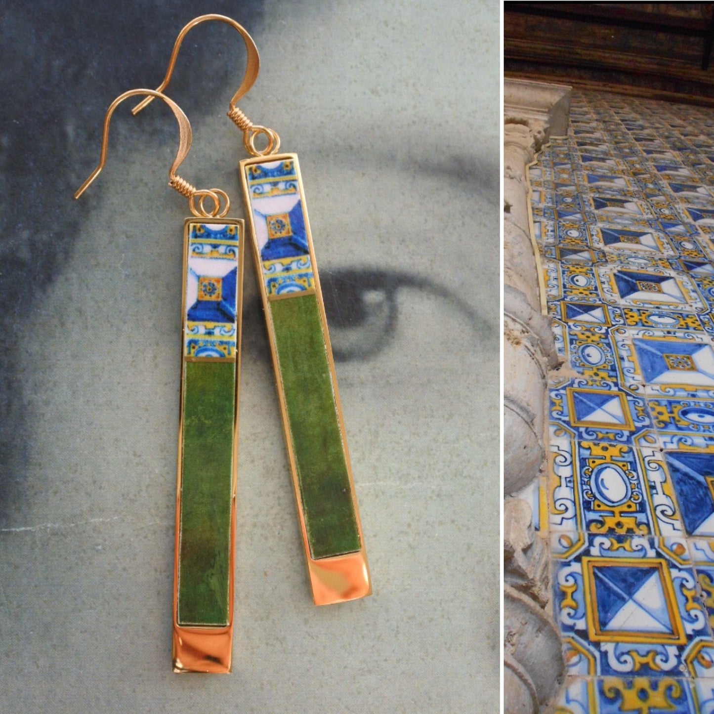 Atrio Earrings Tile Portugal Matchstick Bar Azulejo Arab 17th Century Tomar Santa Iria Church Diamond Point Tiles Emerald Green 2 options