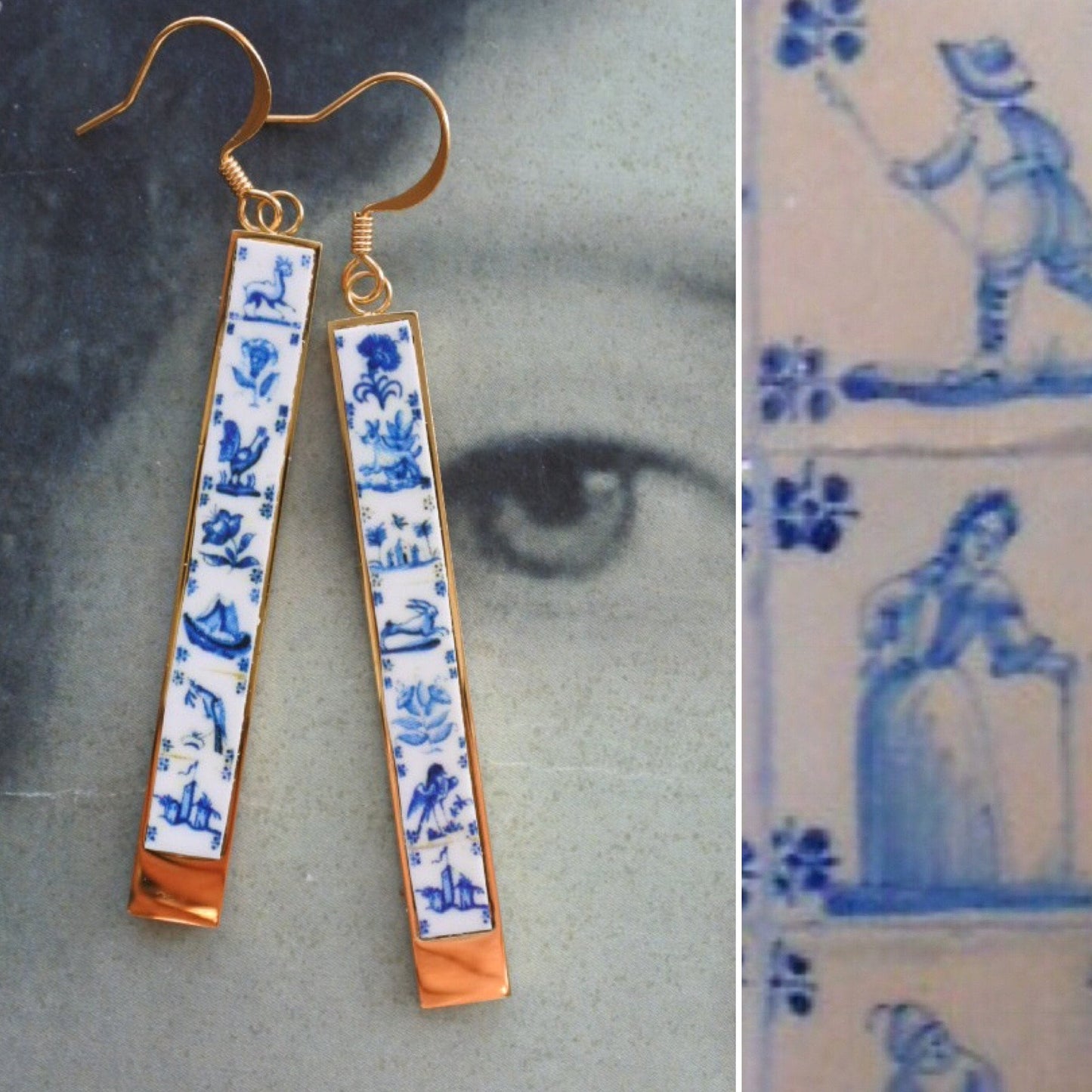 Earrings Matchstick Tiles Atrio Portugal Azulejo Delft Pasteis de Belem Minimal  - 2.5 " Stainless Steel Ships from USA 2 options