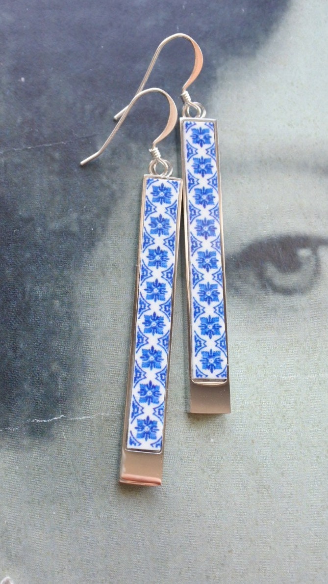 Earrings Bar Portugal Tile Atrio Matchstick Blue Azulejos  Igreja de Sao Nicolau, 1671 Stainless Steel USA Shipping 2 Options