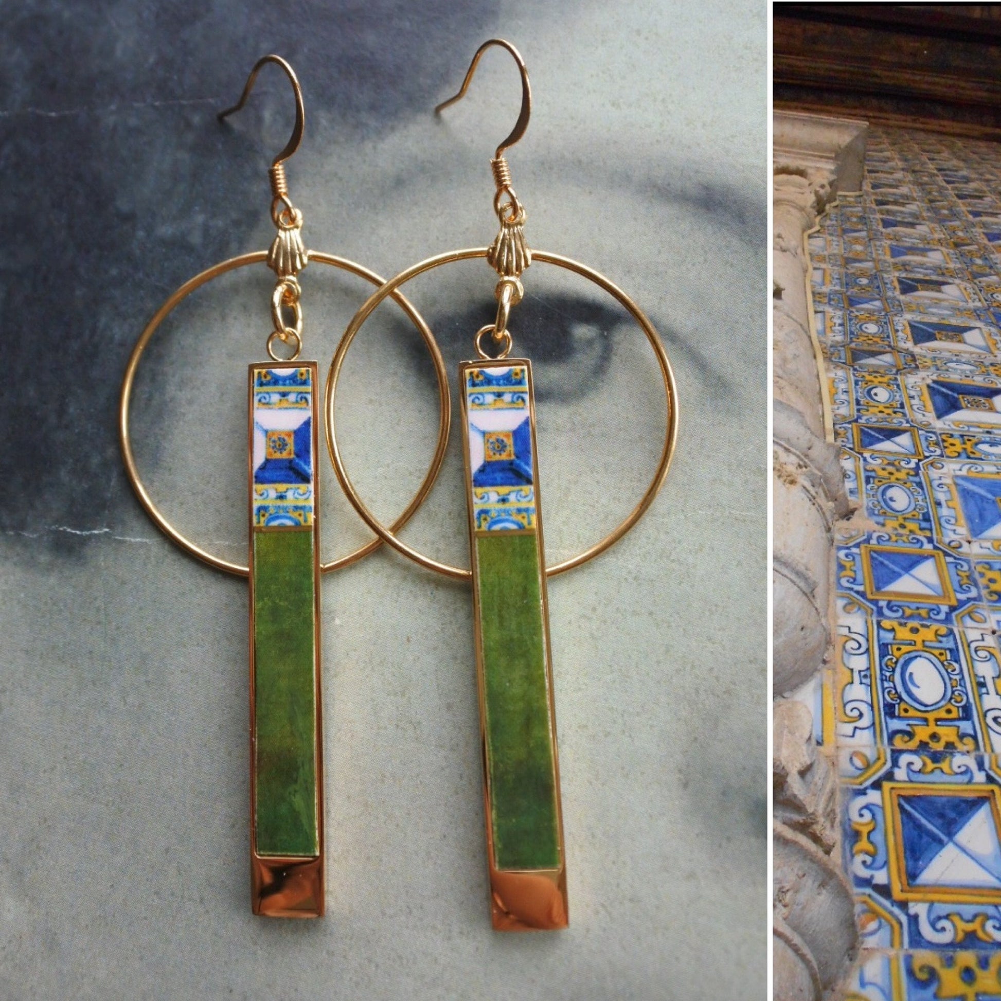 Atrio Earrings Tile Portugal Matchstick Circle Bar Azulejo 17th Century Tomar Santa Iria Church Diamond Point Tiles Emerald Green options Gold