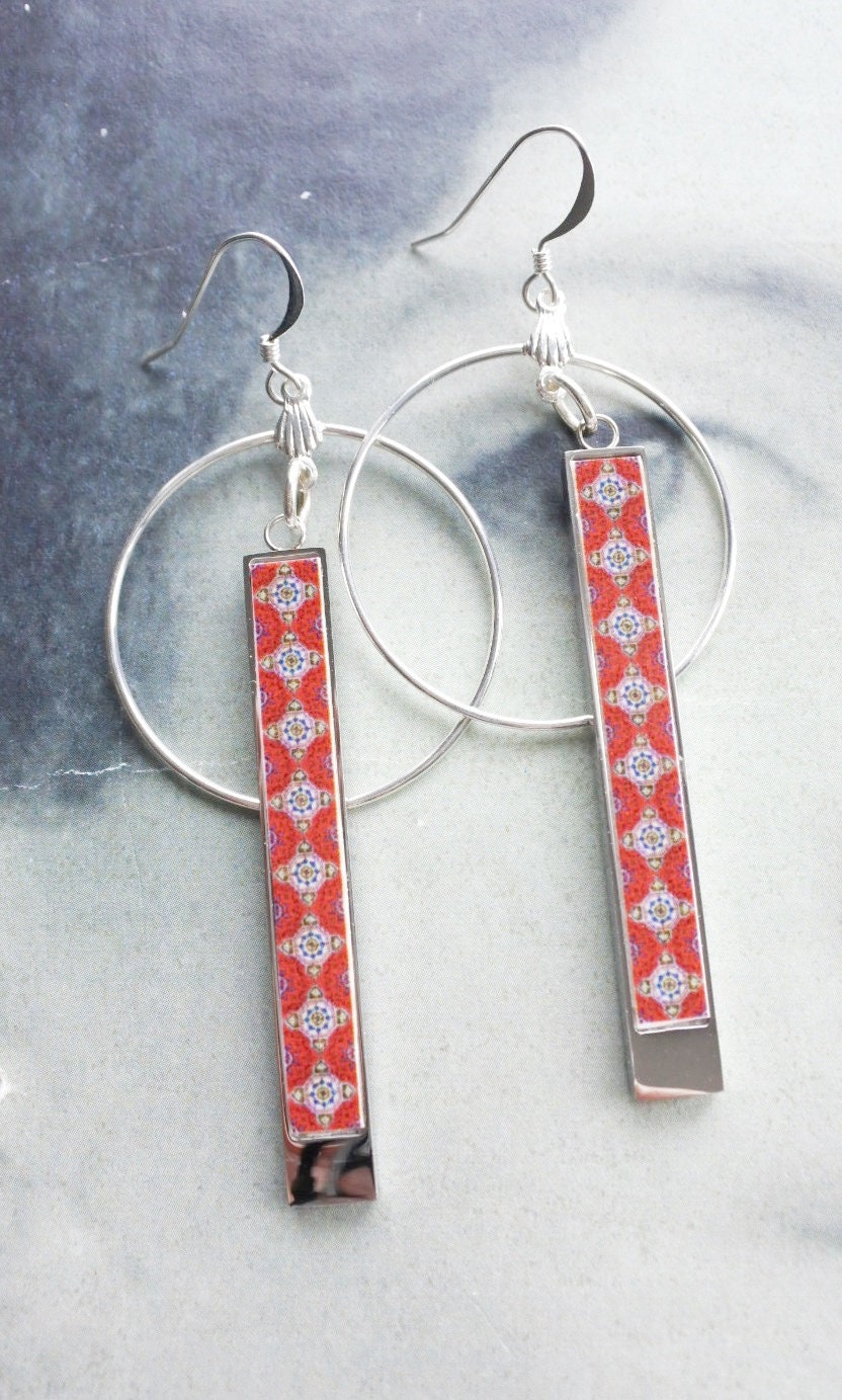 Atrio Earrings Circle Bar Red Tile Atrio Matchstick Portugal Azulejos  Válega Minimal  Gift Box  USA ShIPPING Reversible 2 Options