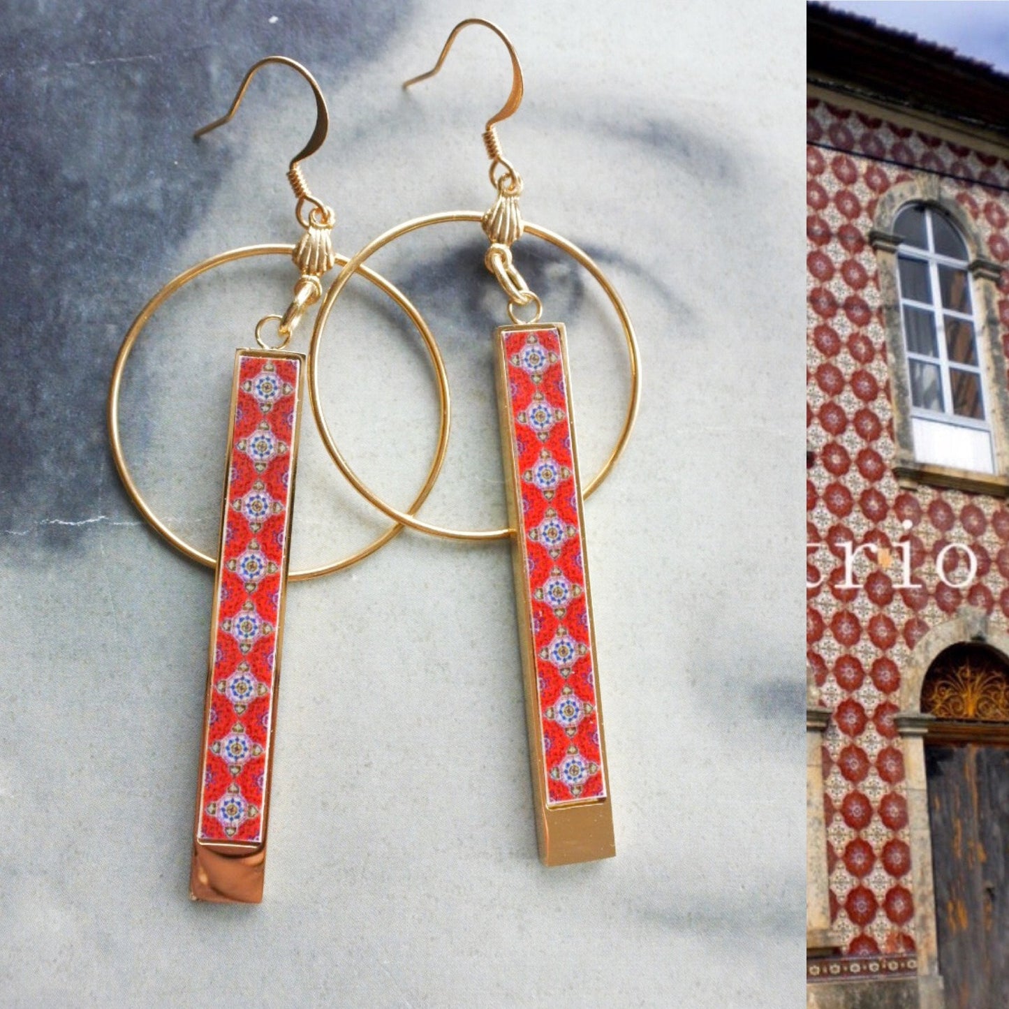 Atrio Earrings Circle Bar Red Tile Atrio Matchstick Portugal Azulejos  Válega Minimal  Gift Box  USA ShIPPING Reversible 2 Options