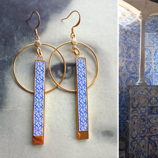 Bar Earrings ATRIO Circle Bar Matchstick Tile Portugal Stainless Steel Antique Azulejo - Blue AvEIRO Santa Joana Convent 1458 2 Options