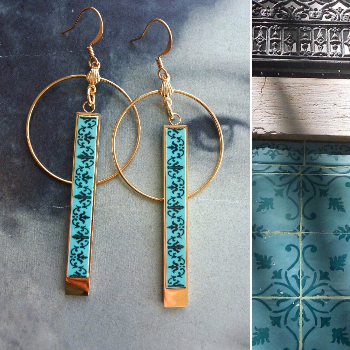 Earrings ATRIO Tile Portugal Circle Bar Matchstick Teal Green Stainless Steel Antique Azulejo -  Sea Green  Minimal Ships from USA 2 options