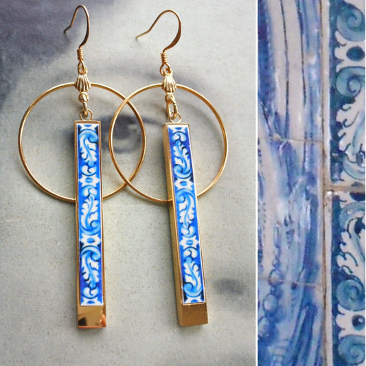 Bar Earrings Atrio Circle Bar Matchstick Tile Blue Portugal  STAINLESS STEEL Azulejo University of Evora Reversible Ships from USA 2 Options