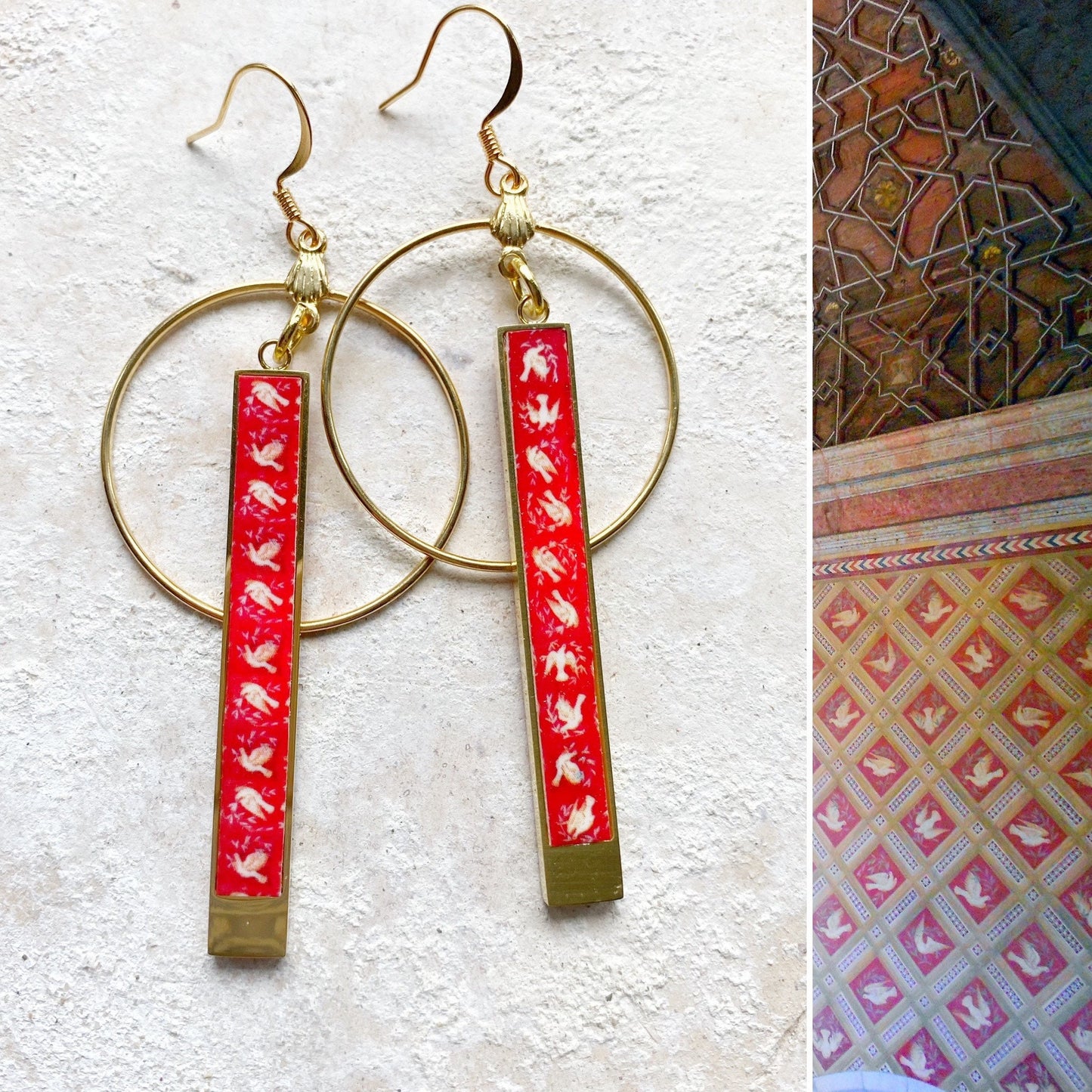 Atrio Bar Earrings Circle Bar Matchstick Doves Portugal Red Frescoes Palace of Sintra Stainless Steel Reversible PEACE 2 Options