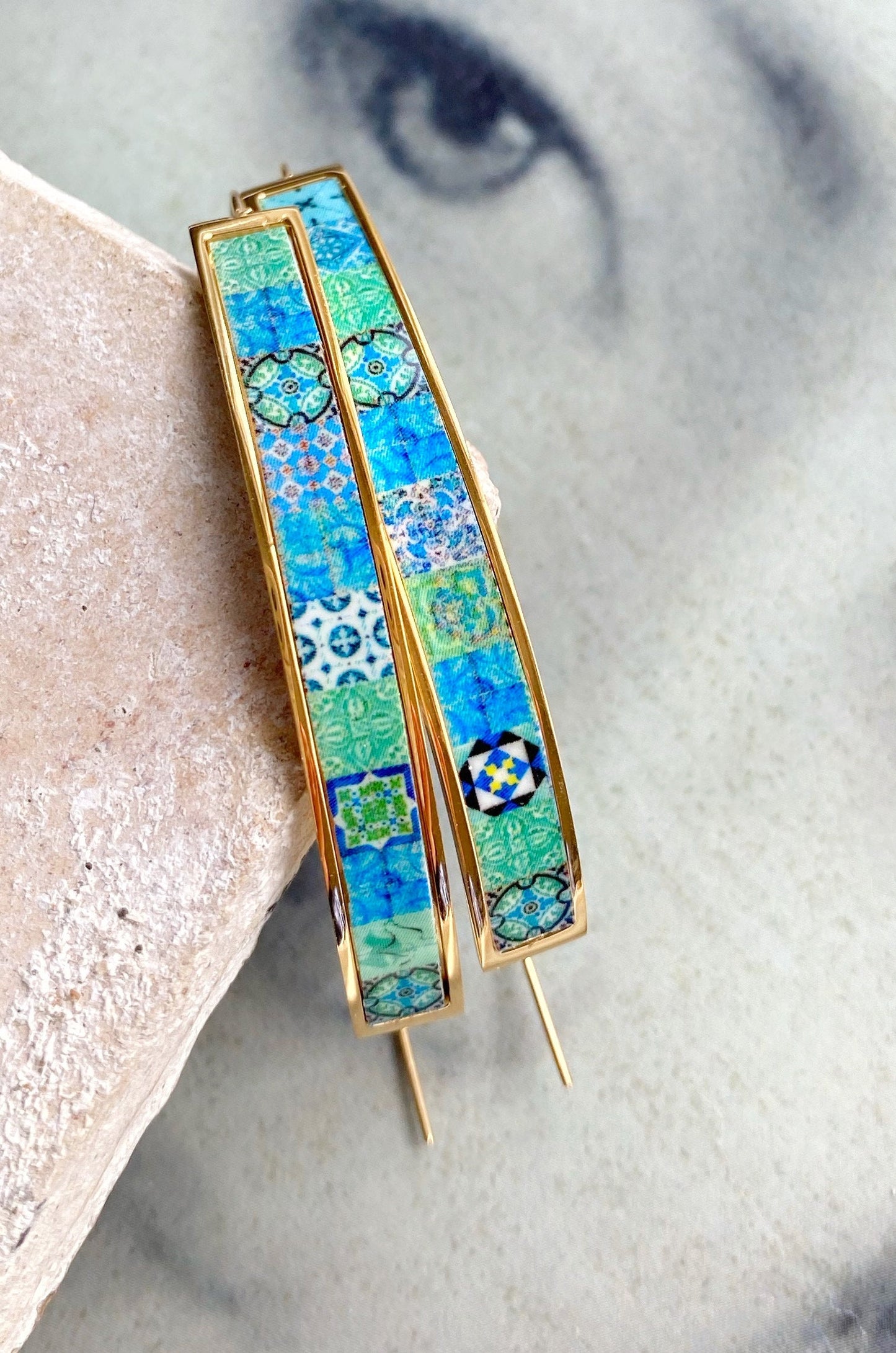 Earrings Atrio THREADER Portugal Tile Turquoise Azulejo Caldas da Rainha  Gift Boxed  Hypo Allergenic minimal OUTER