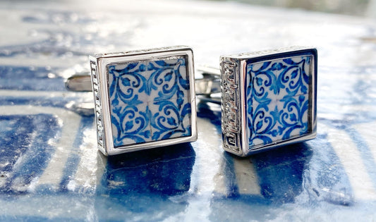 Cuff Links Portugal Tile Antique Azulejo Tile Blue Groom Father Husband Church of Mercy PORTO Built in 1590 Gift Box Included! Greek Key