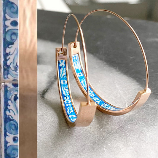 Atrio Hoops Earrings Tile Blue Portugal  STAINLESS STEEL Azulejo University of Evora  Delicate 1.5" Ships from USA Gift for her RosE Gold