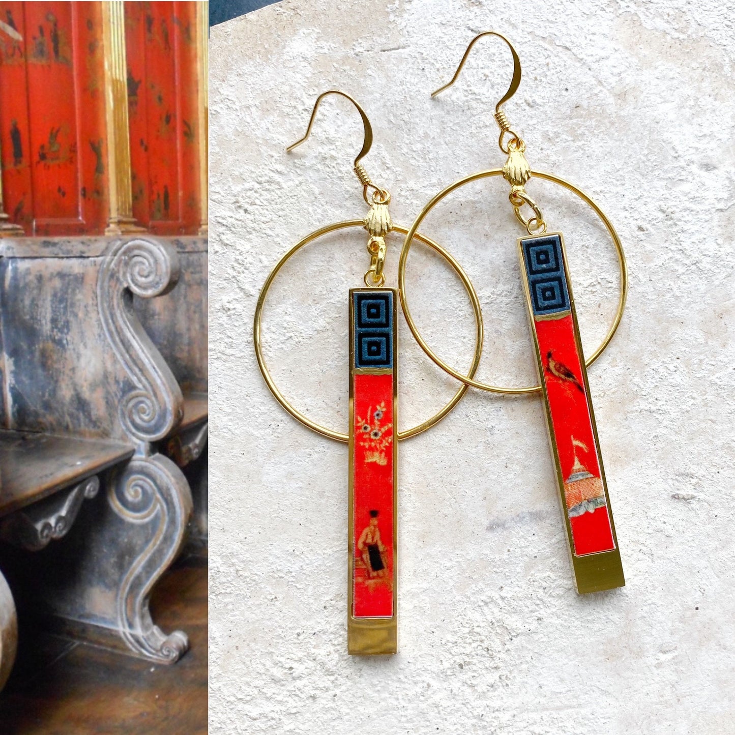 Earrings Atrio Chinoiserie Circle Bar Asian Red Frescoes  Portugal Aveiro Convent Porcelain China Vintage Brass Hoops