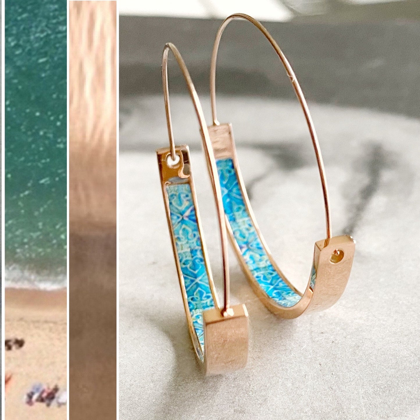 Hoop Earrings Atrio Portugal Tile Turquoise Azulejo Caldas da Rainha Persian Tiles Gift Boxed Stainless Steel Hypo Allergenic Rose Gold 1.50