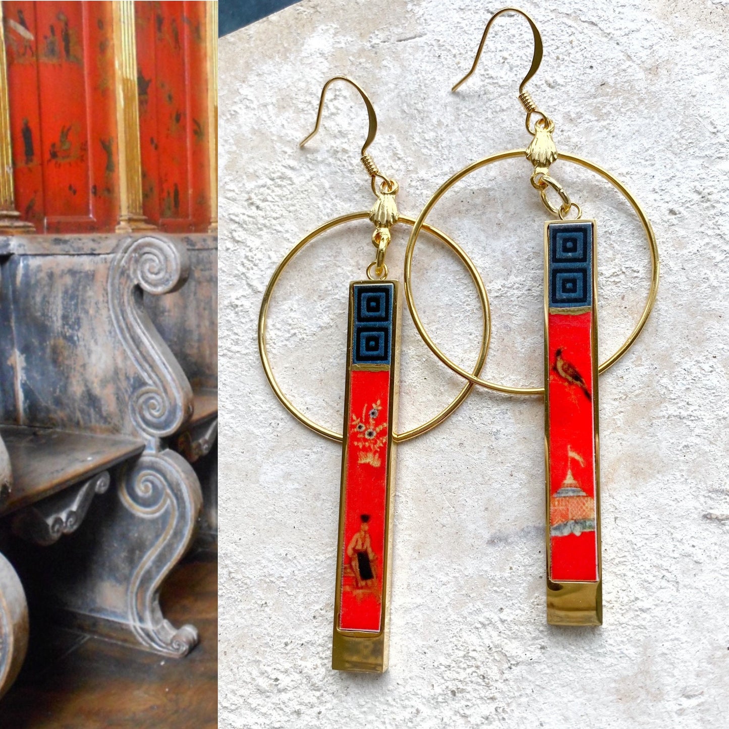 Earrings Atrio Chinoiserie Circle Bar Asian Red Frescoes  Portugal Aveiro Convent Porcelain China Vintage Brass Hoops