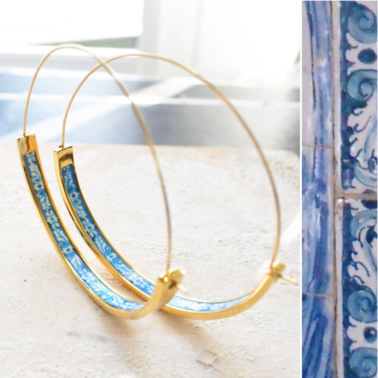 Hoops Atrio Earrings Tile Portugal STAINLESS STEEL Antique Azulejo Wire Flat Bottom University of Evora  2" Gold Tone