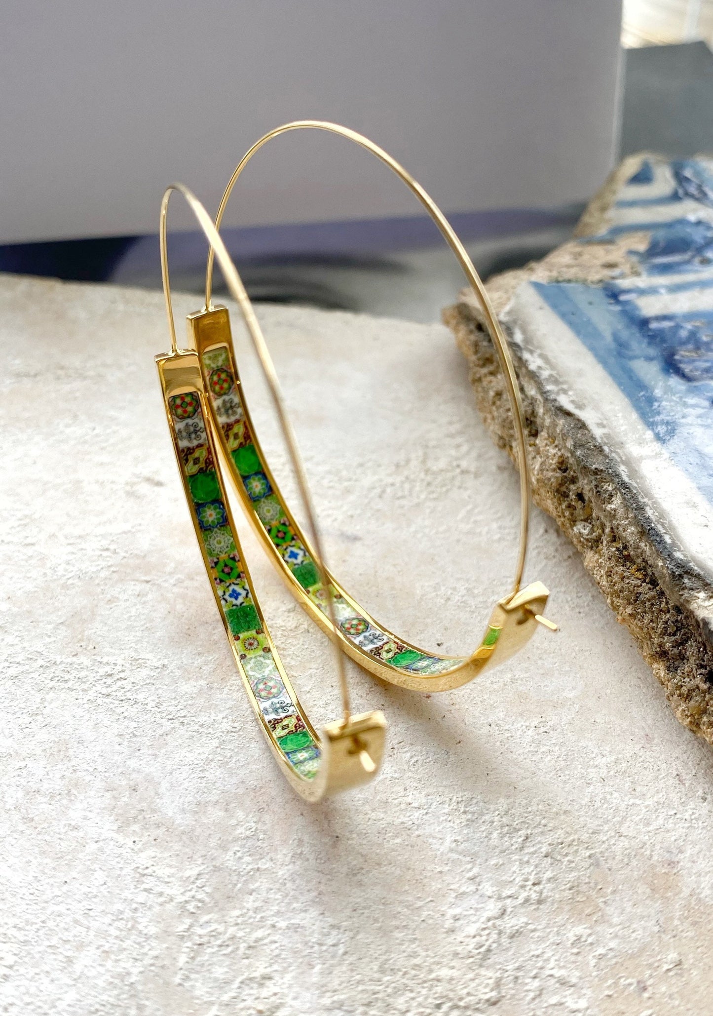 Hoops Atrio Earrings Green Tile Portugal Azulejo STAINLESS STEEL Wire Flat Bottom Lightweight 2" Gold Tone Ships from USA