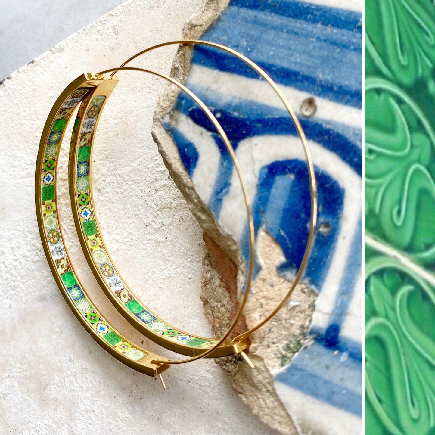 Hoops Atrio Earrings Green Tile Portugal Azulejo STAINLESS STEEL Wire Flat Bottom Lightweight 2" Gold Tone Ships from USA