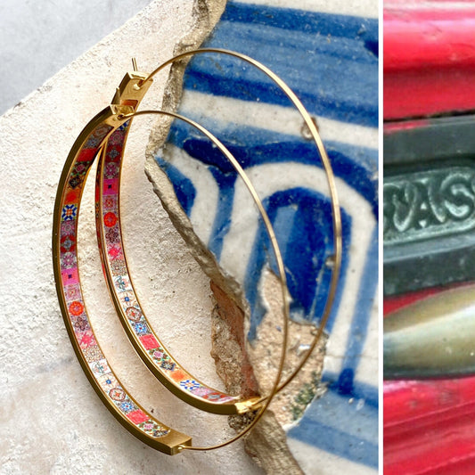 Hoops Atrio Earrings Red Tile Portugal Azulejo STAINLESS STEEL Wire Flat Bottom Lightweight 2" Rose, Silver or Gold Tone Ships from USA