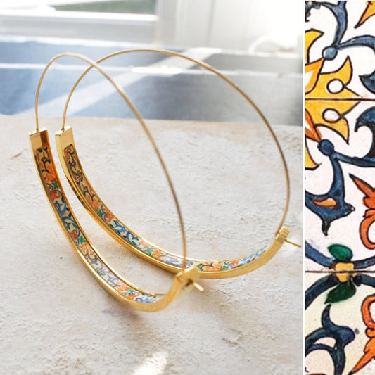 HOOP Earrings ATRIO Portugal Tile Antique Azulejo Delicate CoIMBRA 1590 - Gold Stainless Steel 2" Gift Box Included - Ships from USA