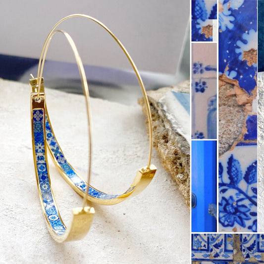 Hoops Atrio Earrings Blue Tile Portugal Azulejo STAINLESS STEEL Wire Flat Bottom Lightweight 2" Gold Tone Ships from USA