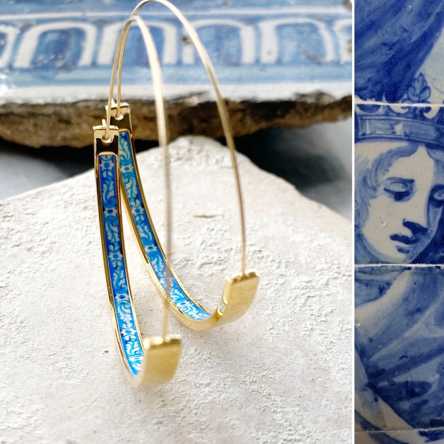 Hoops Atrio Earrings Tile Portugal STAINLESS STEEL Antique Azulejo Wire Flat Bottom University of Evora  2" Gold Tone