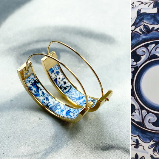 Small Atrio Hoop Earrings Coimbra Portugal 17th BLUE Century Pottery Ceramic DeeR  Stainless Steel Hypoallergenic Ships from USA 1”