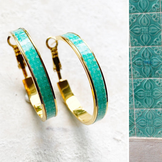 Atrio Hoop Earrings Portugal Tile Turquoise Azulejo Caldas Rainha Persian Gold or Silver SOLID Stainless Steel Hypo Allergenic 1.25"