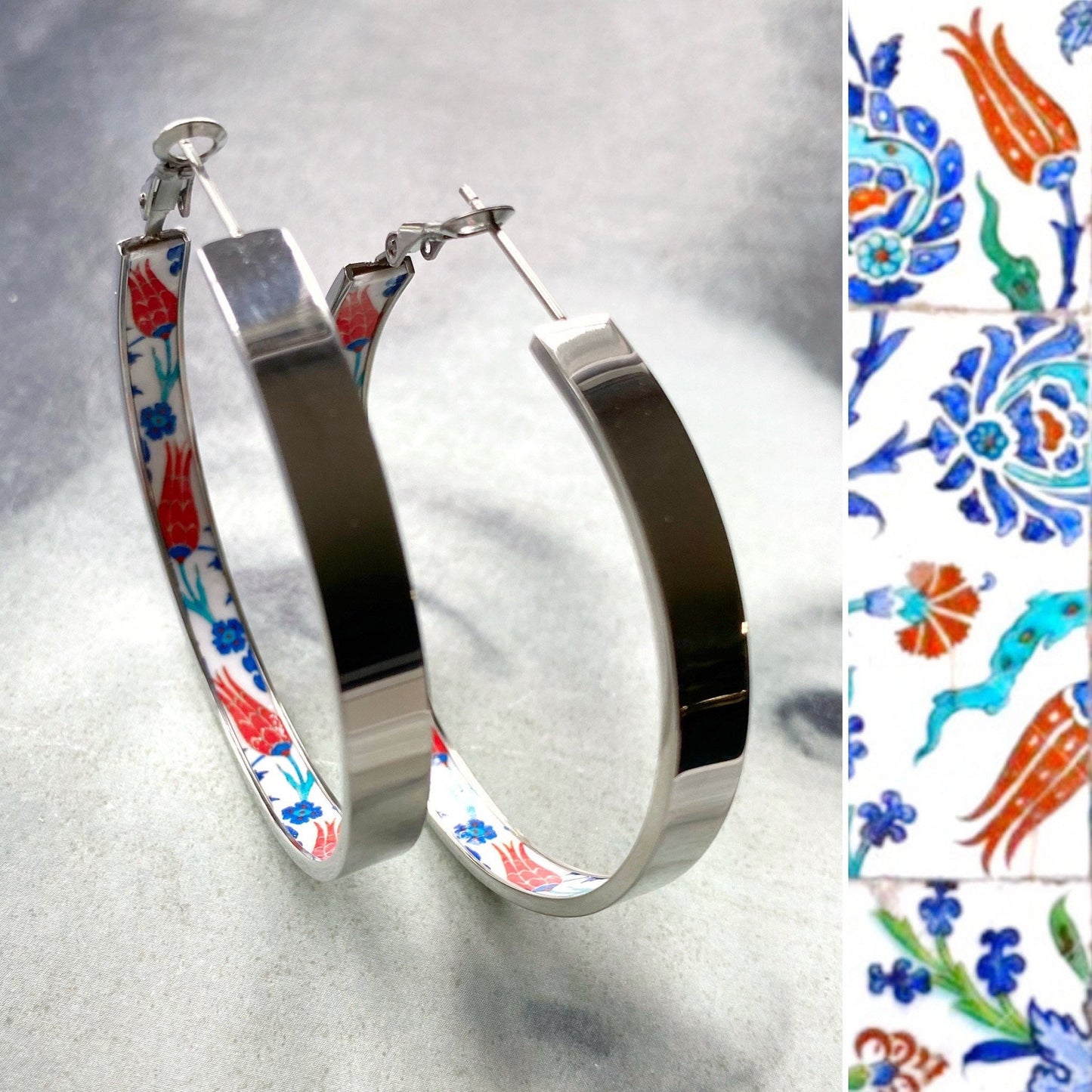 Atrio Hoops Earrings PERSIAN Arab Turkish Iznik Pottery Ottoman Islamic Tulip  -  USA Shipping 2" Stainless Steel