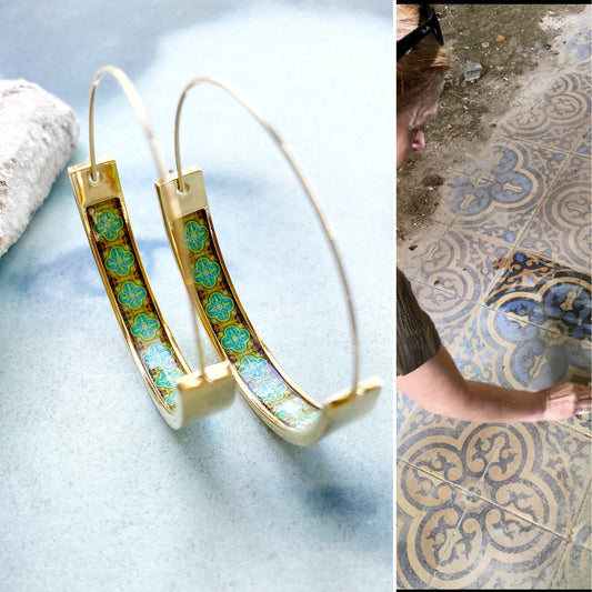 Atrio Earrings HOOPS Portugal Vidago  Abandoned Hotel Floor Tiles  Hotel Salus Hotel do Golfe built in 1918 Stainless Steel - SEE VIDEO