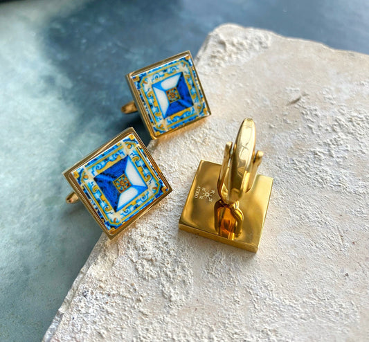 Atrio CUFF LINKS Tile Men's Gift Portugal Groom Azulejo Antique 17th Century Tomar Santa Iria Church Diamond Point Gold Stainless Steel