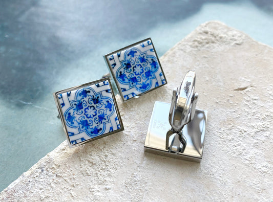 Cuff Links Men Portugal Tile Atrio Azulejo Majolica, AvEIRO Blue Gift Box Included Groom Wedding Formal wear Gold or Silver Stainless