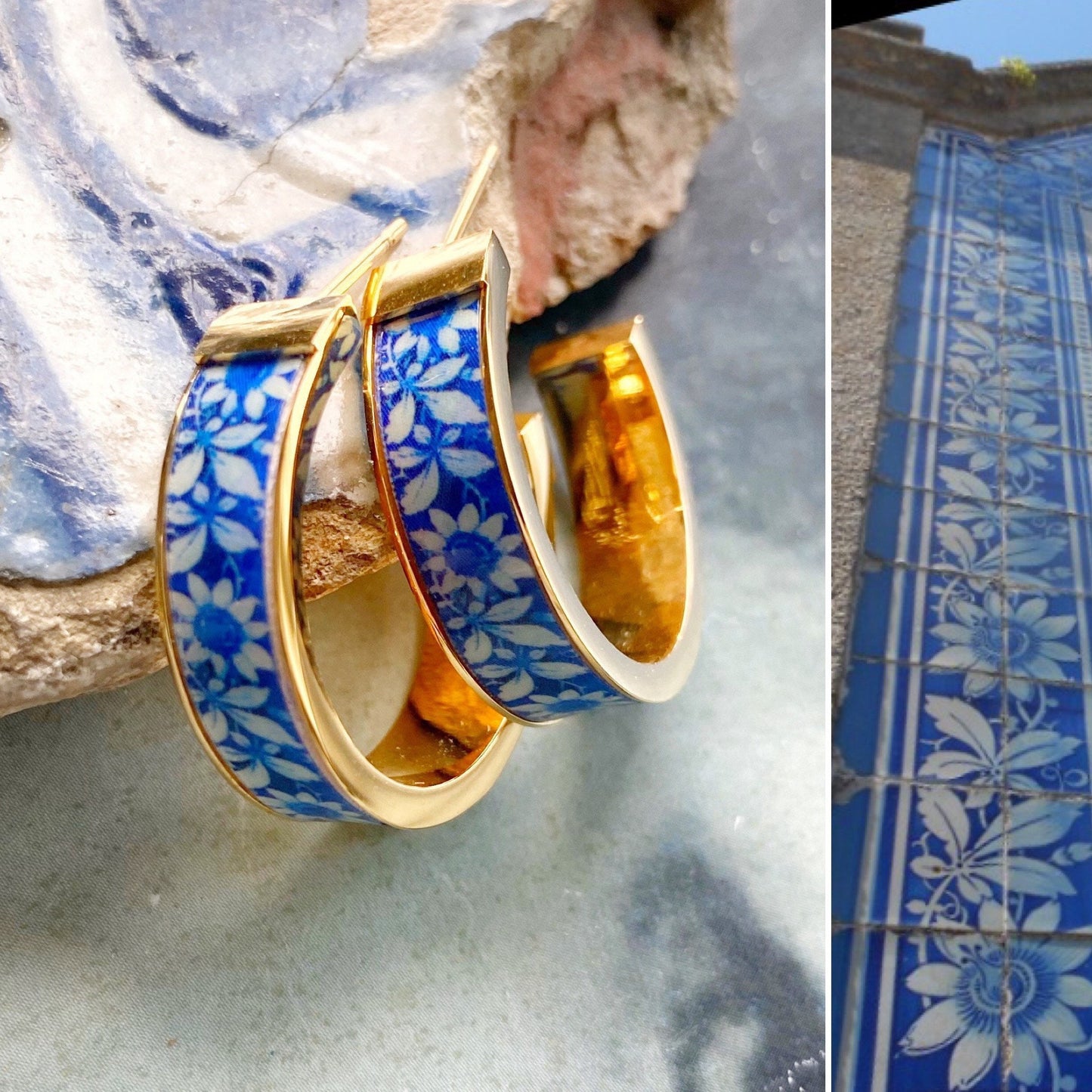 Gift for someone who has everything Atrio Hoops Tile Blue Portugal 1" Antique Azulejo  Cortegaça OVAR Portugal Gold or Silver Stainless