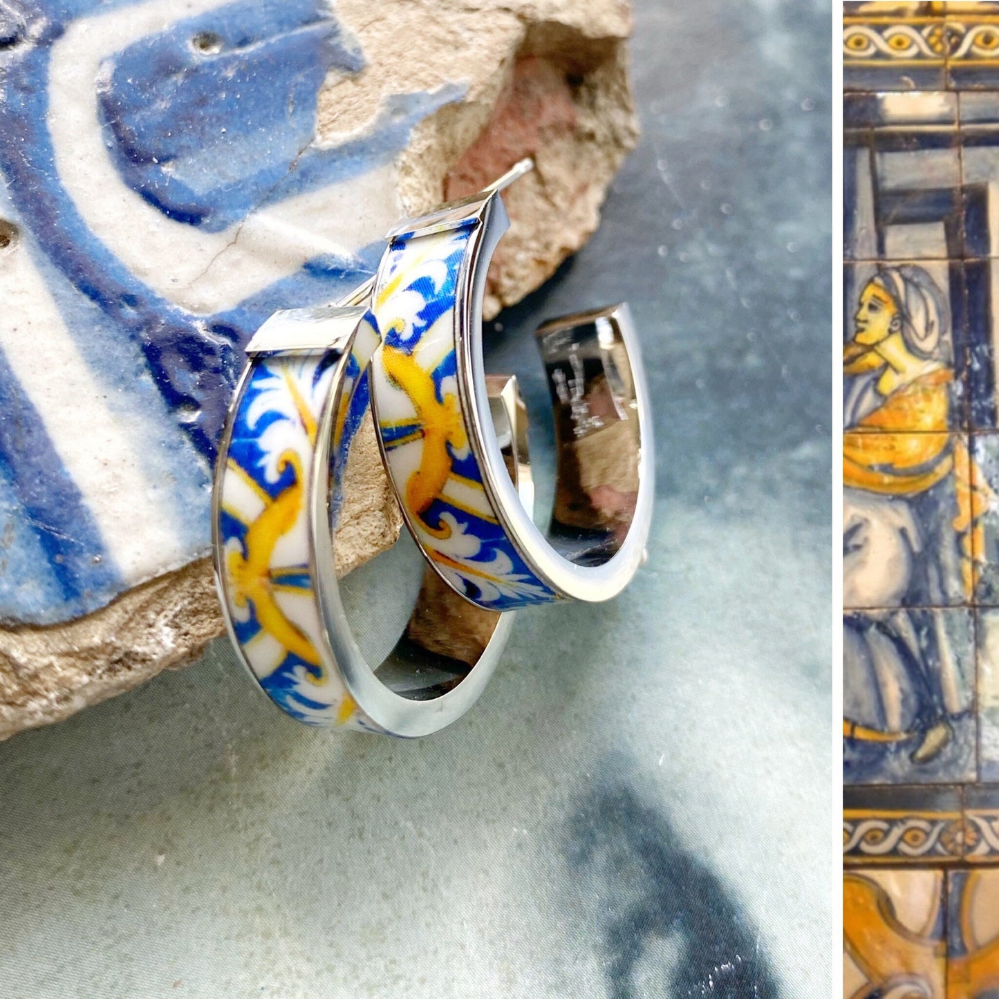 Atrio Hoop Earrings Portugal Tile 1" Stainless Steel PostAzulejo Antique 17th Century Évora Pousada Gold Blue gift boxed Gold or Silver