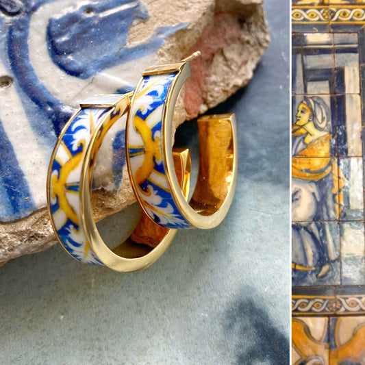 Atrio Hoop Earrings Portugal Tile 1" Stainless Steel PostAzulejo Antique 17th Century Évora Pousada Gold Blue gift boxed Gold or Silver