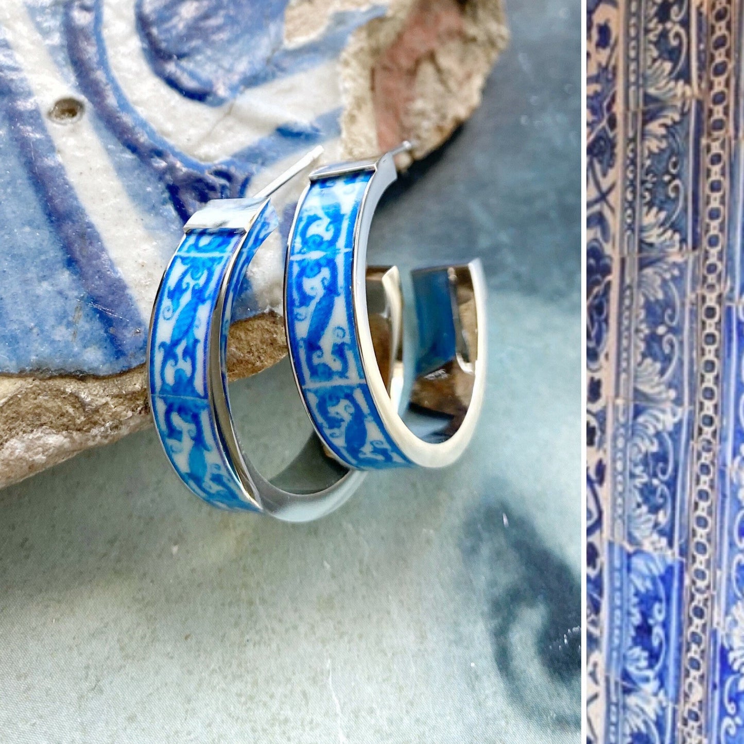 Hoops Tile Earrings ATRIO 1" Portugal Stainless Steel Antique Azulejo The Palace of the Marquesses of Fronteira USA Shipping Gold or Silver
