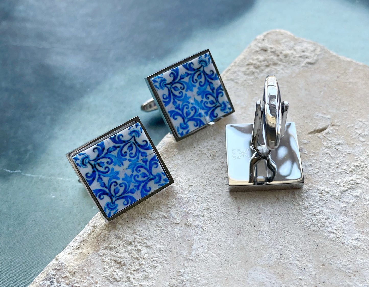 Atrio Cuff Links Portugal Tile Antique Azulejo Blue Groom Father Husband Church Mercy PORTO Built in 1590 Gold or Silver Stainless Steel