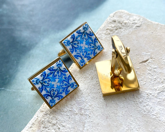 Atrio Cuff Links Portugal Tile Antique Azulejo Blue Groom Father Husband Church Mercy PORTO Built in 1590 Gold or Silver Stainless Steel