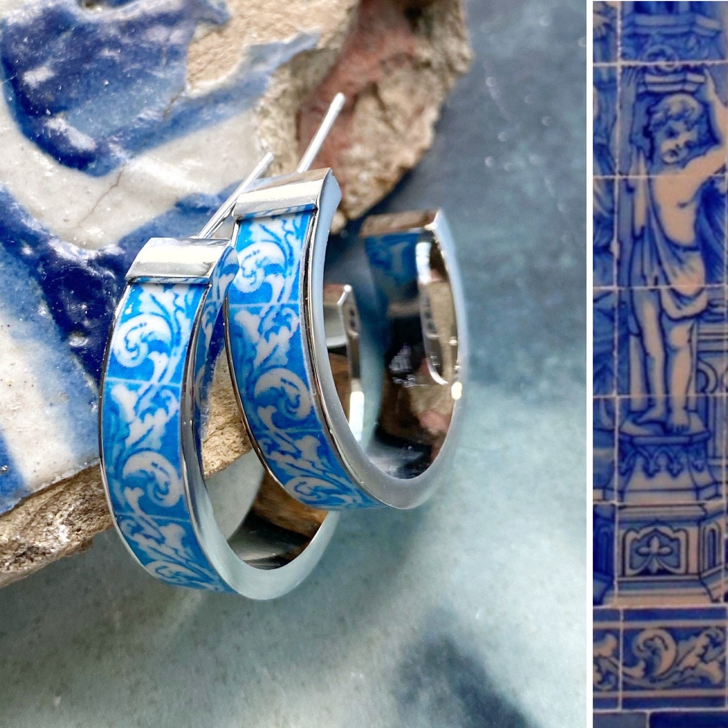 Atrio Small Hoop Earrings Portugal Tile Stainless Steel Azulejo  1" Évora Chapel of the Bones 16th Century Post USA Shipping Gold or Silver