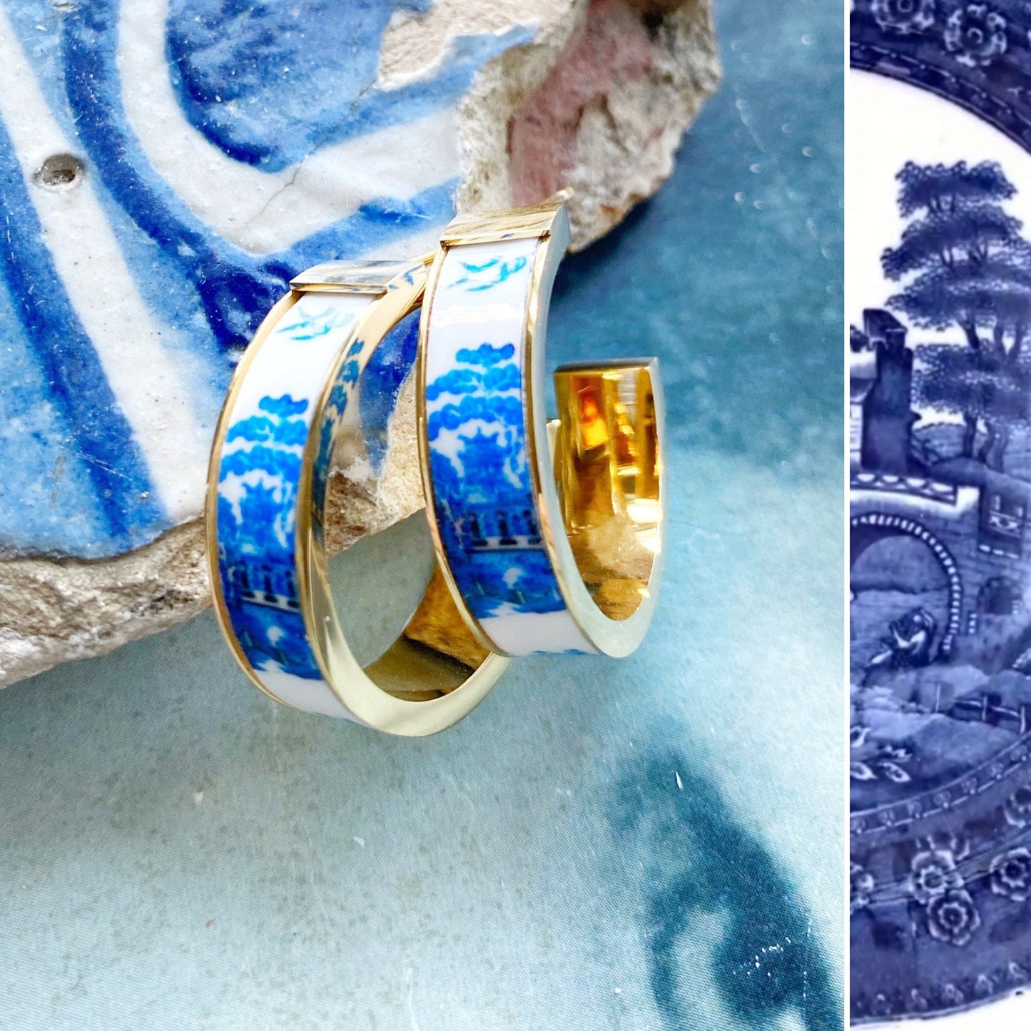 Atrio Hoop Earrings Japan Willow Spode Minton Delft Pottery Porcelain Chinoiserie  Asian  1" Ships from USA Stainless Steel Gold or Silver