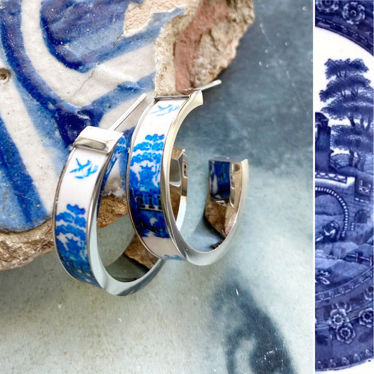 Atrio Hoop Earrings Japan Willow Spode Minton Delft Pottery Porcelain Chinoiserie  Asian  1" Ships from USA Stainless Steel Gold or Silver