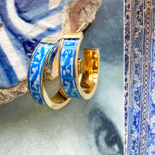 Hoops Tile Earrings ATRIO 1" Portugal Stainless Steel Antique Azulejo The Palace of the Marquesses of Fronteira USA Shipping Gold or Silver