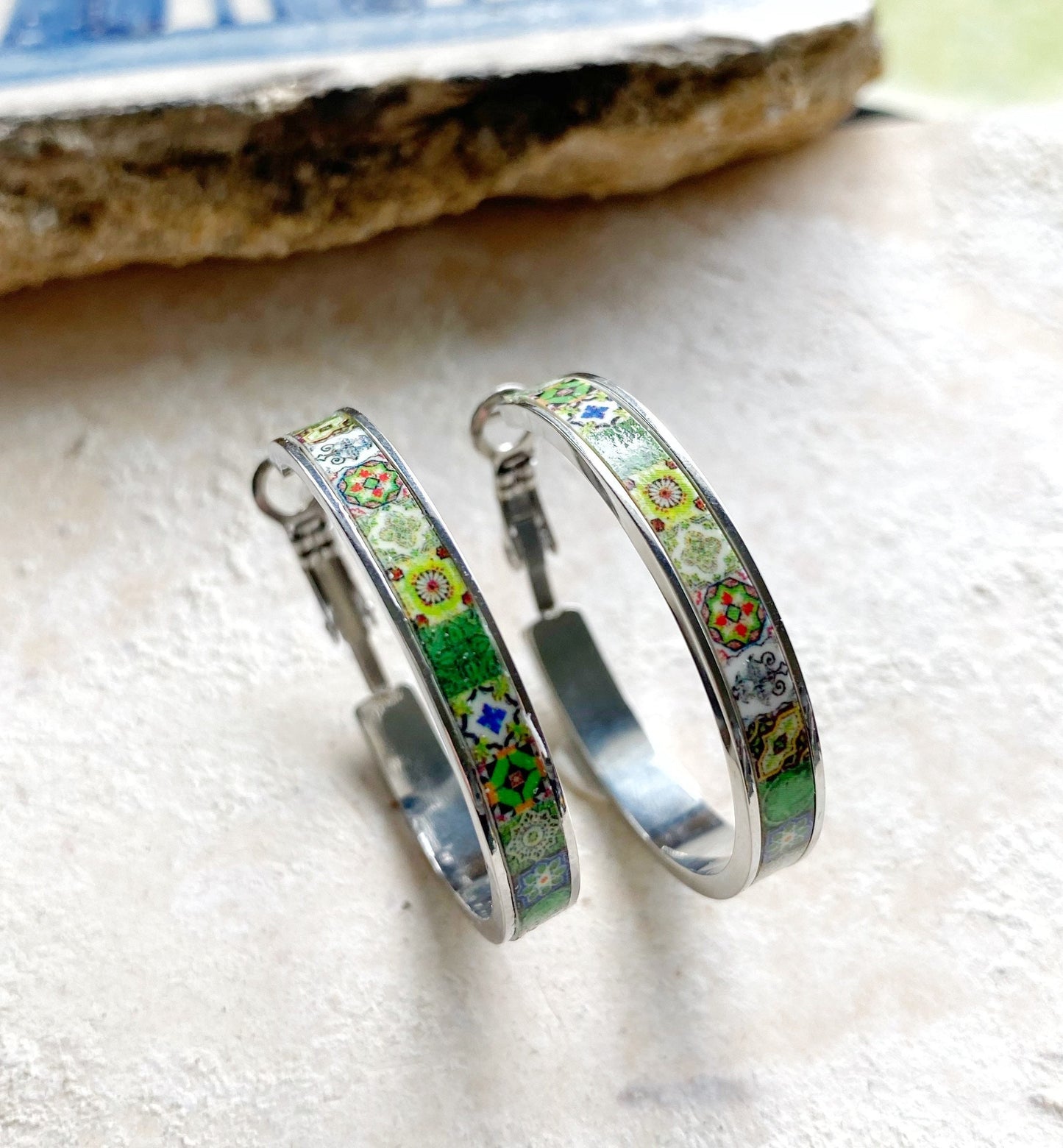 Atrio Hoop Earrings Green Tile Portugal Gold or Silver Toned Stainless Steel Antique Azulejo -  1.25"   Ships from USA Small Hoops