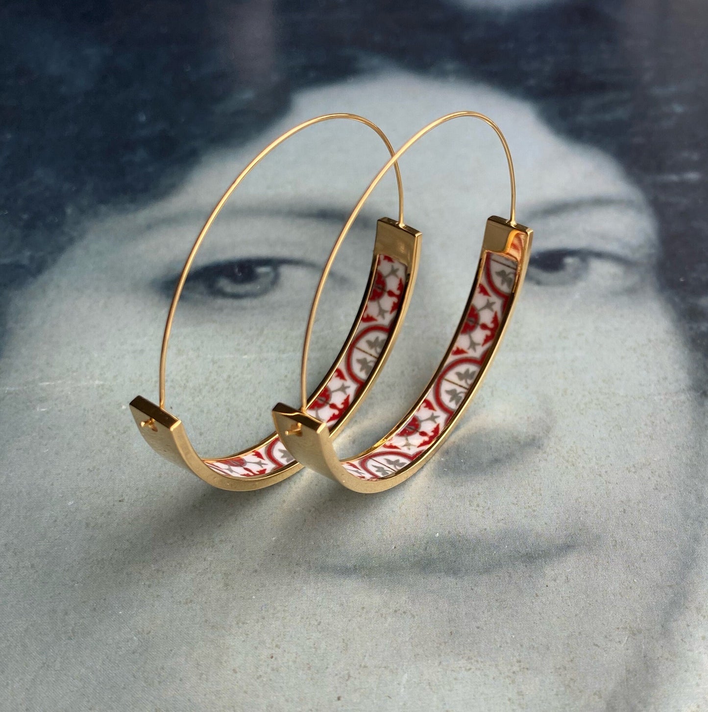 Hoops Earrings Atrio Tiles Israel Tel Aviv Antique Tiles Jew Jewish Torah Marot HaSoulam Synagogue 1.75" or 4.5cm Stainless Steel