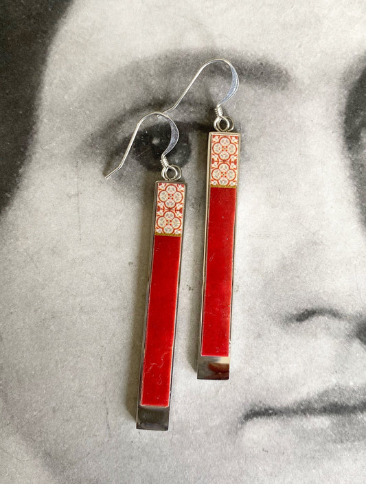 Matchstick Earrings Atrio Tiles Israel Tel Aviv Antique Tiles Jew Jewish Torah Marot HaSoulam Synagogue 1.75" or 4.5cm Stainless Steel