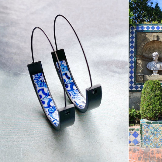 Atrio Hoop Earrings Hoops BLACKHoops Tiles Quinta da Bacalhôa Azeitão Portugal  Majolica Stainless Steel Hypoallergenic 1.50" Blue White